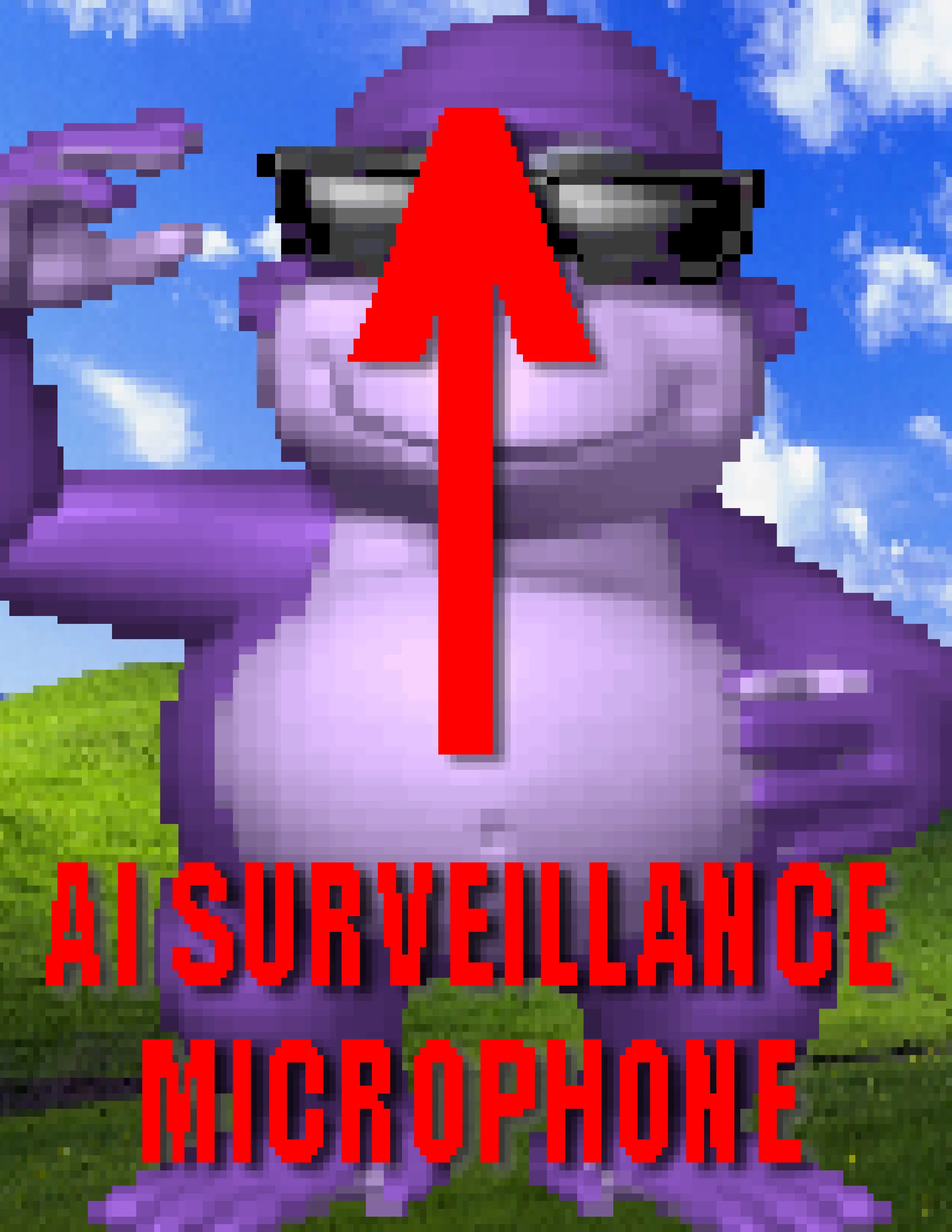 purple gorilla wearing sunglasses with a red arrow and text reading 'AI SURVEILLANCE MICROPHONE'
