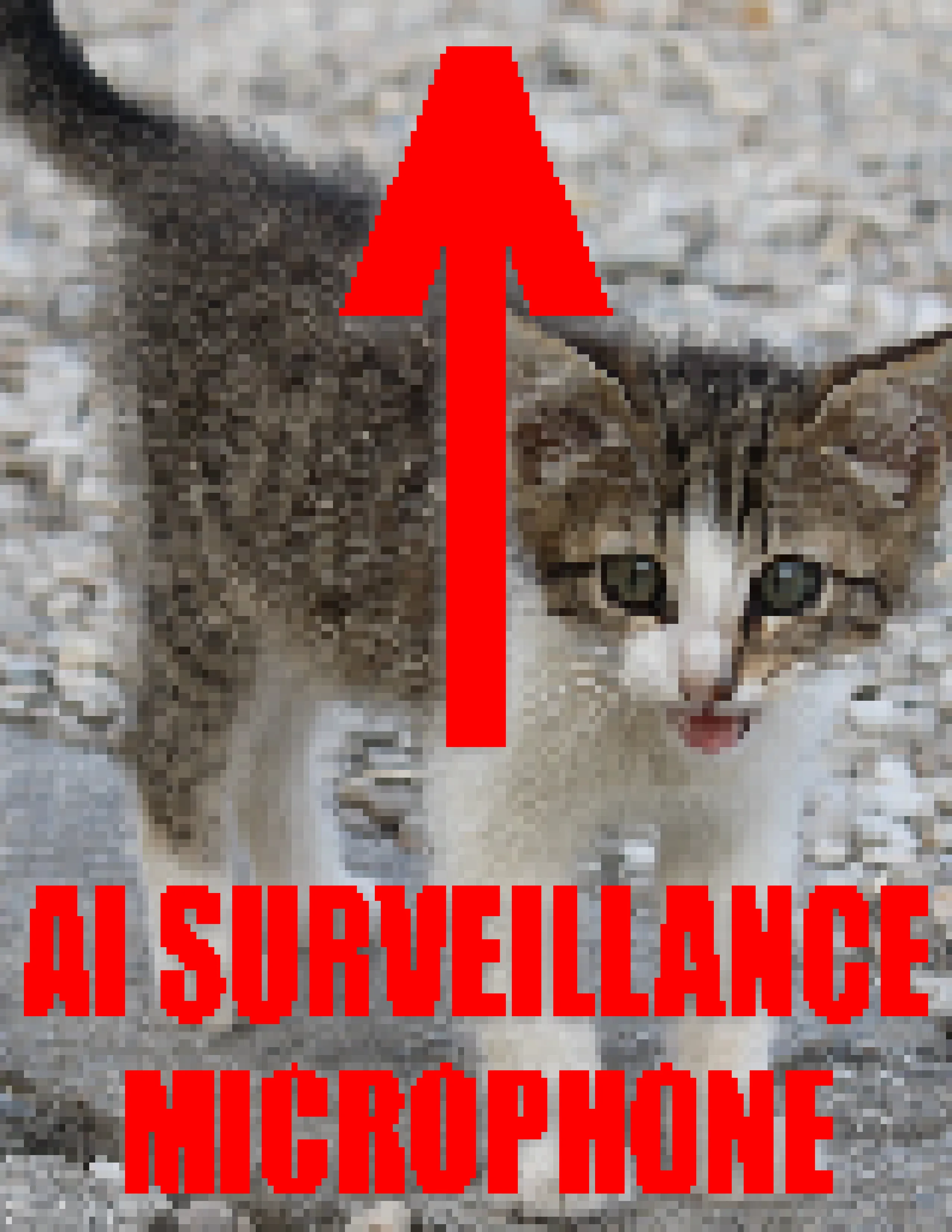 picture of a cat with a red arrow and text reading 'AI SURVEILLANCE MICROPHONE'