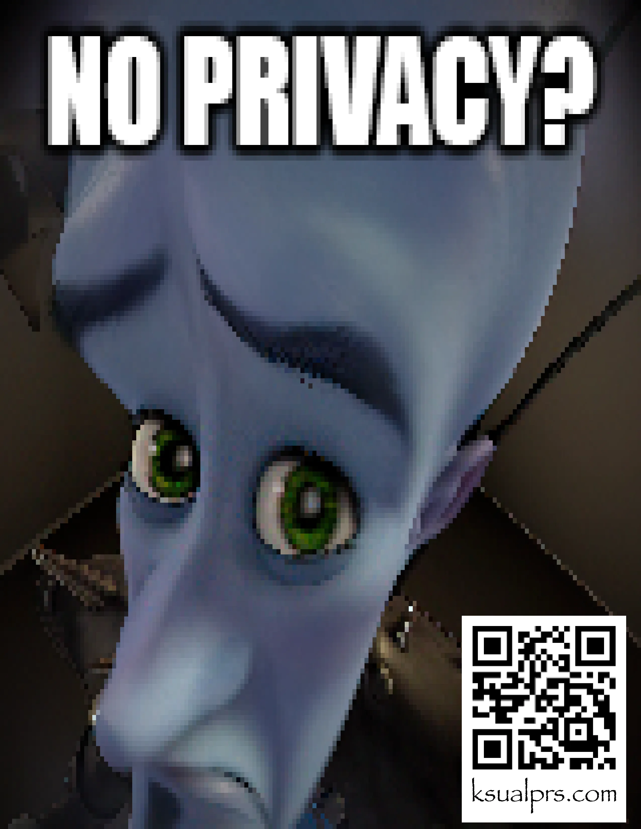 Megamind looking through a peephole with meme caption "NO PRIVACY?" includes homepage URL (ksualprs.com)'